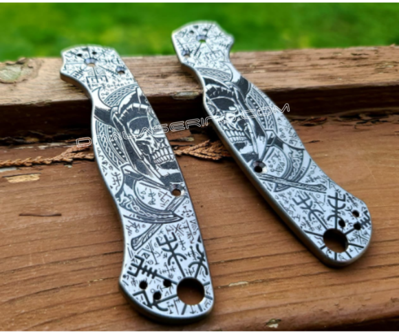 Spyderco PM2 TI - Viking Skull with Runes - Deep Engraved Titanium Knife Scales - Paramilitary 2 - EDC Gear - Knife & Hardware Optional - Image 5