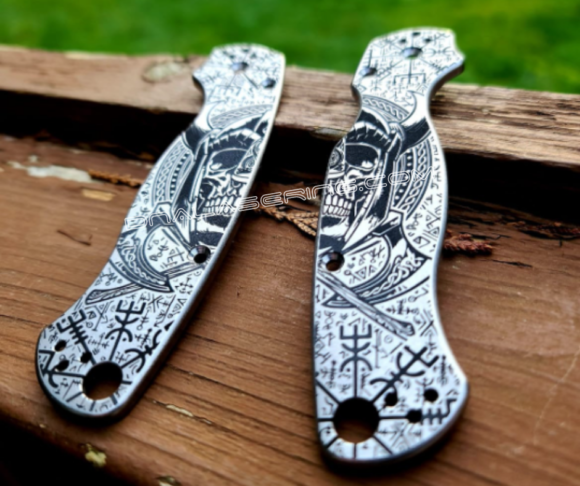 Spyderco PM2 TI - Viking Skull with Runes - Deep Engraved Titanium Knife Scales - Paramilitary 2 - EDC Gear - Knife & Hardware Optional - Image 2