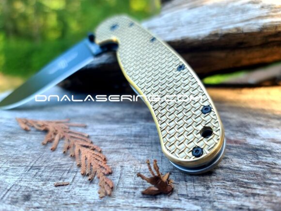 Ontario Rat 1 - Diamond Plate - Relief Engraved Antique Stonewash Brass Scales  - Rat 1 EDC Knife *Install Optional*