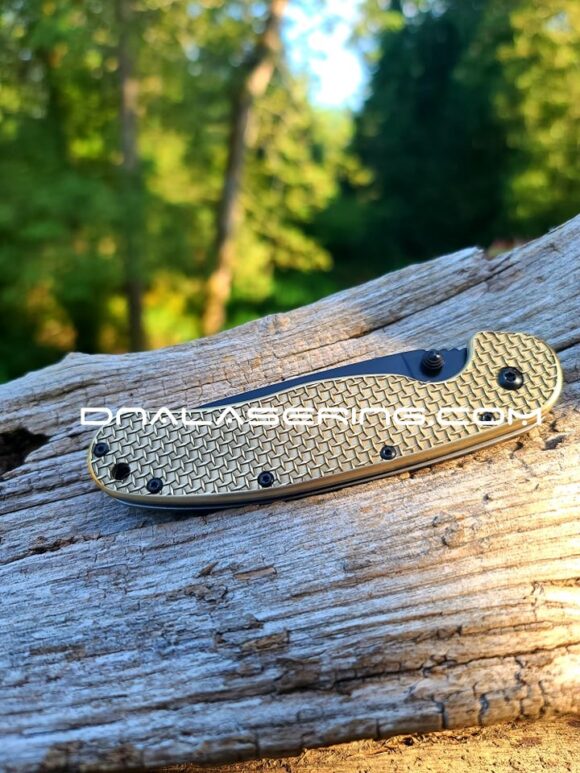 Ontario Rat 1 - Diamond Plate - Relief Engraved Antique Stonewash Brass Scales  - Rat 1 EDC Knife *Install Optional* - Image 2