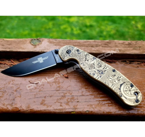 Ontario Rat 1 - Viking Runes - Nordic Design - Deep Engraved Antique Stonewash Brass Scales - Rat 1 EDC Knife - New in box