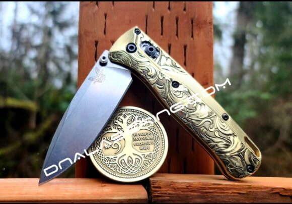 Benchmade Bugout Crossfade - Leaf Scroll - NEW Relief Engraving Style - Deep Laser Engraved - Brass Knife Scales - EDC Gear *Scales Only*