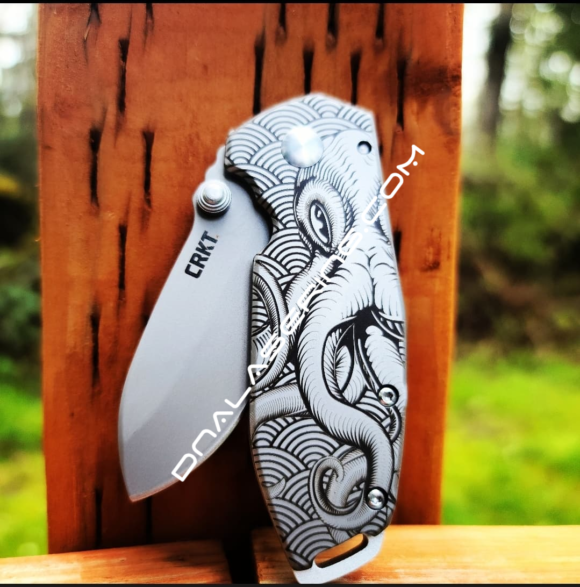 CRKT - Squid Framelock - Kraken with Waves - Deep Laser Engraved - Stainless Steel - Lucas Burnley - EDC Knife