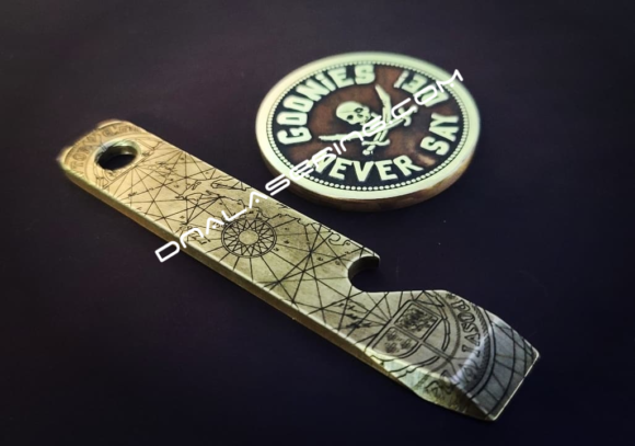 Solid Brass Prybar - Goonies Map - Deep Laser Engraved Popper - Bottle Opener Pry with Lanyard Hole - Everyday Carry Multi Tool