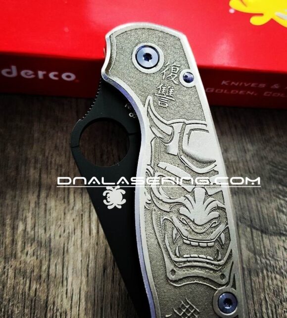 Spyderco PM3 TI - Japanese Devil Mask - NEW Relief Engraving Style - Deep Laser Engraved - Titanium Knife Scales - EDC Gear - Knife Install Optional - Image 4