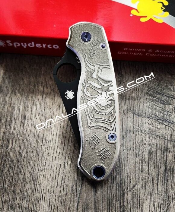 Spyderco PM3 TI - Japanese Devil Mask - NEW Relief Engraving Style - Deep Laser Engraved - Titanium Knife Scales - EDC Gear - Knife Install Optional