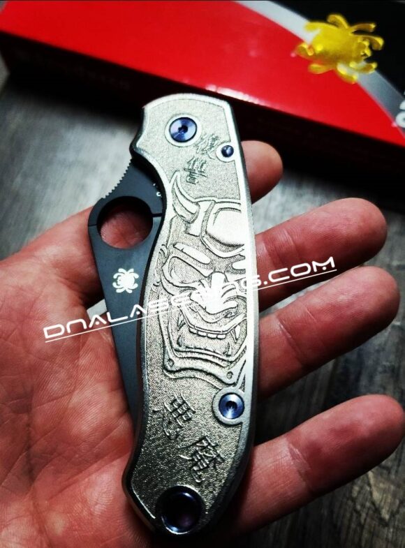 Spyderco PM3 TI - Japanese Devil Mask - NEW Relief Engraving Style - Deep Laser Engraved - Titanium Knife Scales - EDC Gear - Knife Install Optional - Image 2