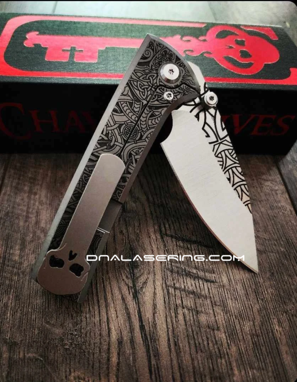 Chaves Knives - Relief Engraved Scapegoat - Viking Runes - Titanium Scales - M390 Steel - COMPLETE KNIFE - Extra clip - New in box - Image 3