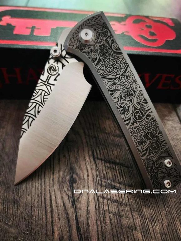 Chaves Knives - Relief Engraved Scapegoat - Viking Runes - Titanium Scales - M390 Steel - COMPLETE KNIFE - Extra clip - New in box