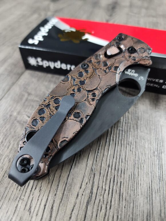 Manix 2 Knife - AGED Copper Scales & Ball Cage - EDC - Relief Engraved Skull Pattern - COMPLETE Knife with LynchNW deep carry clip - Image 5