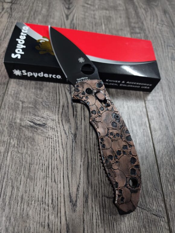 Manix 2 Knife - AGED Copper Scales & Ball Cage - EDC - Relief Engraved Skull Pattern - COMPLETE Knife with LynchNW deep carry clip