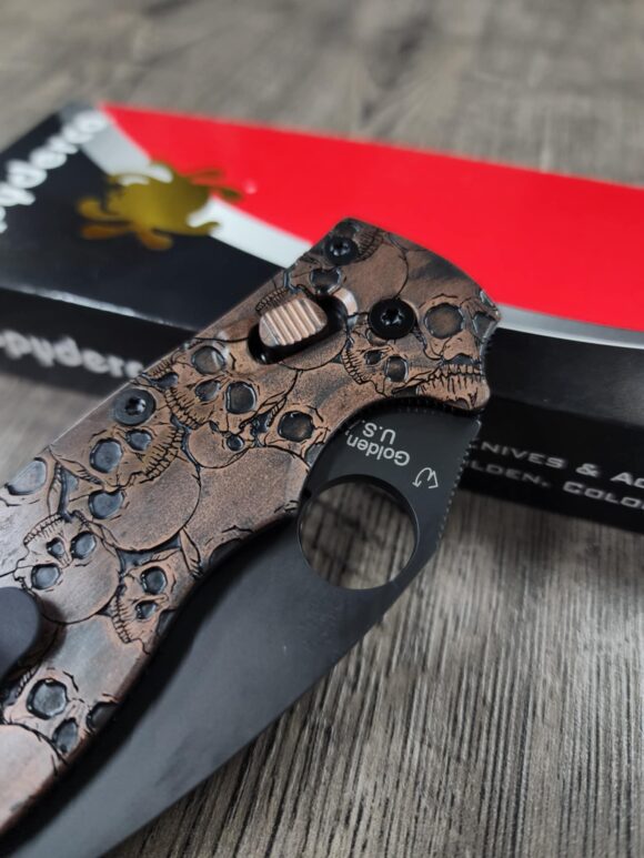 Manix 2 Knife - AGED Copper Scales & Ball Cage - EDC - Relief Engraved Skull Pattern - COMPLETE Knife with LynchNW deep carry clip - Image 2