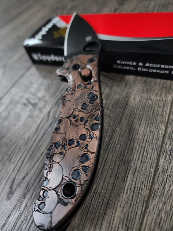 Manix 2 Knife - AGED Copper Scales & Ball Cage - EDC - Relief Engraved Skull Pattern - COMPLETE Knife with LynchNW deep carry clip - Image 3