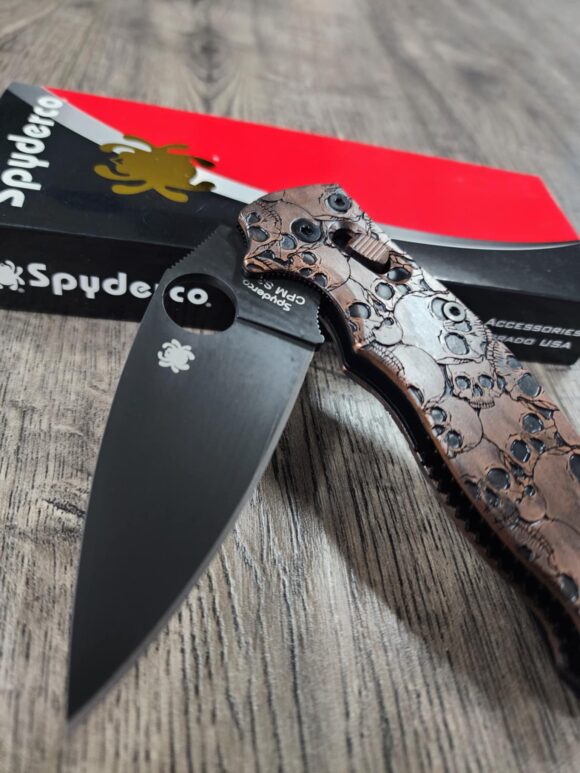 Manix 2 Knife - AGED Copper Scales & Ball Cage - EDC - Relief Engraved Skull Pattern - COMPLETE Knife with LynchNW deep carry clip - Image 6