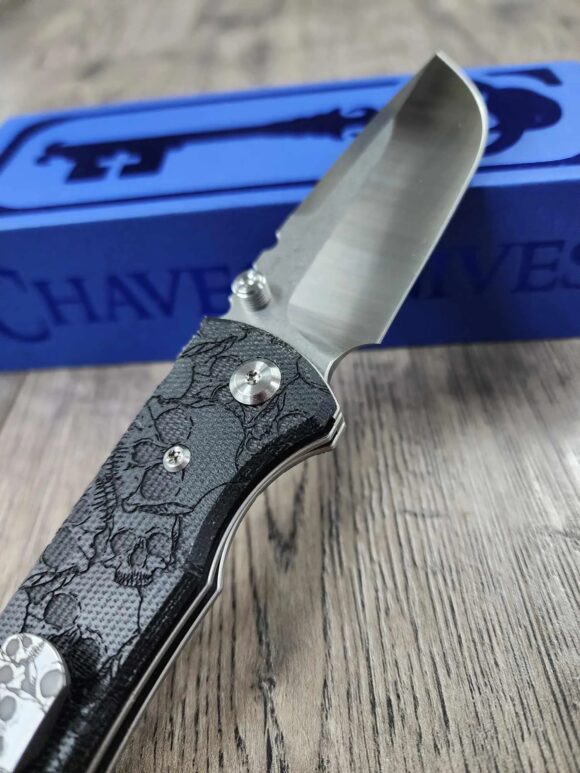 Chaves Redencion 229 - Black Micarta Laser Engraved Skull Pattern Scales - Engraved Skull Clip - COMPLETE KNIFE - 3.50" Satin ELMAX Blade - New In Box - Image 6