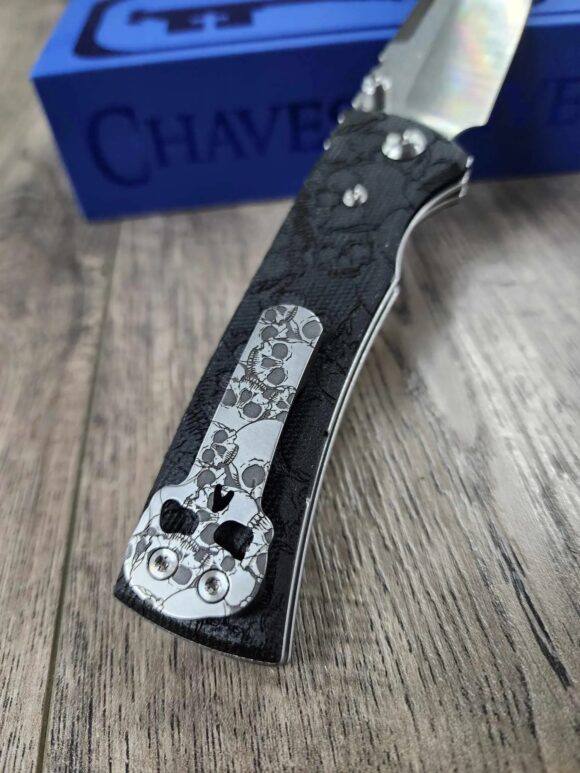 Chaves Redencion 229 - Black Micarta Laser Engraved Skull Pattern Scales - Engraved Skull Clip - COMPLETE KNIFE - 3.50" Satin ELMAX Blade - New In Box - Image 7