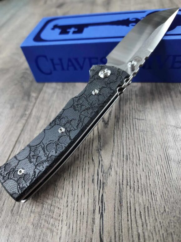 Chaves Redencion 229 - Black Micarta Laser Engraved Skull Pattern Scales - Engraved Skull Clip - COMPLETE KNIFE - 3.50" Satin ELMAX Blade - New In Box - Image 8