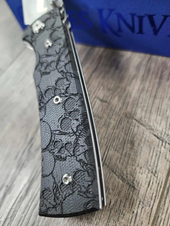 Chaves Redencion 229 - Black Micarta Laser Engraved Skull Pattern Scales - Engraved Skull Clip - COMPLETE KNIFE - 3.50" Satin ELMAX Blade - New In Box - Image 9