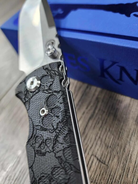 Chaves Redencion 229 - Black Micarta Laser Engraved Skull Pattern Scales - Engraved Skull Clip - COMPLETE KNIFE - 3.50" Satin ELMAX Blade - New In Box