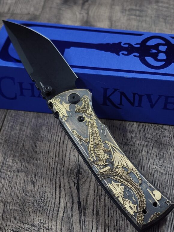 Chaves Redencion 229 - AGED Devil Mask with Dragon Relief Laser Engraved Brass Scales - Knife Install Optional - 4 Blade Styles - New In Box - Image 3