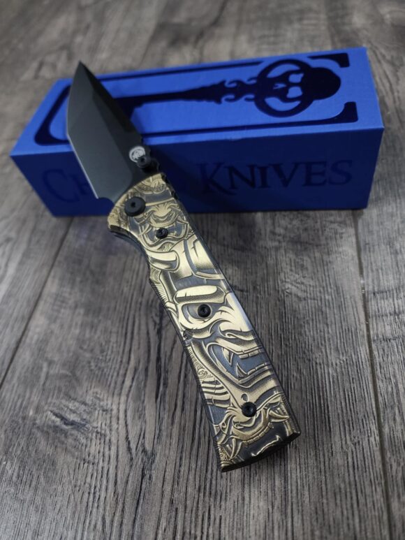 Chaves Redencion 229 - AGED Devil Mask with Dragon Relief Laser Engraved Brass Scales - Knife Install Optional - 4 Blade Styles - New In Box