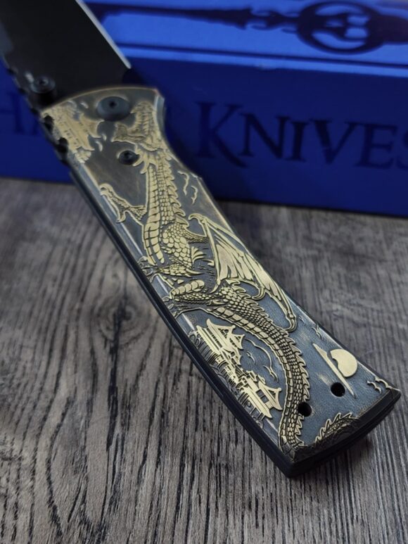 Chaves Redencion 229 - AGED Devil Mask with Dragon Relief Laser Engraved Brass Scales - Knife Install Optional - 4 Blade Styles - New In Box - Image 2