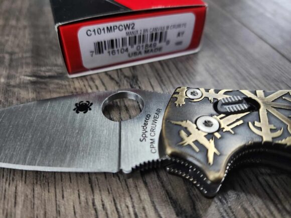 CRUWEAR Spyderco Manix 2 - Relief Engraved Viking/Runes Brass Scales - Complete Knife - Tritium Blue Glow Ball Cage - LynchNW Matching Engraved Deep Carry Clip & Lanyard Plug - Image 2