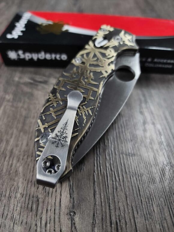 CRUWEAR Spyderco Manix 2 - Relief Engraved Viking/Runes Brass Scales - Complete Knife - Tritium Blue Glow Ball Cage - LynchNW Matching Engraved Deep Carry Clip & Lanyard Plug - Image 4