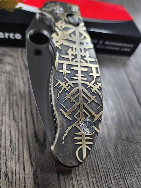 CRUWEAR Spyderco Manix 2 - Relief Engraved Viking/Runes Brass Scales - Complete Knife - Tritium Blue Glow Ball Cage - LynchNW Matching Engraved Deep Carry Clip & Lanyard Plug - Image 6