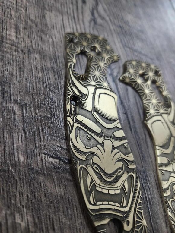 Spyderco Manix 2 Brass Relief Engraved Japanese Devil Mask Design - Aged Brass - EDC Scales - Knife Install Optional - Image 3