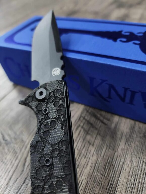 Chaves Knives TAK Flipper Knife - Engraved Skulls - Black Micarta 2.75" - Tanto or Drop Point Blade Option - Complete Knife - EDC - Image 3