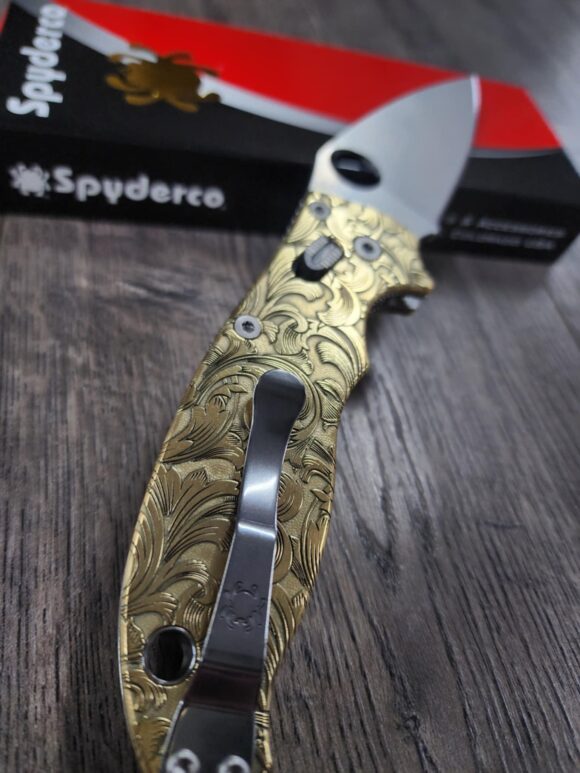 Spyderco Manix 2 Brass Relief Engraved Filigree Scroll - Polished Brass - EDC Scales - Knife Install Optional - Image 3