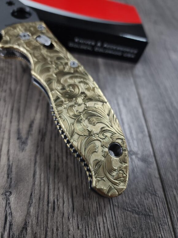 Spyderco Manix 2 Brass Relief Engraved Filigree Scroll - Polished Brass - EDC Scales - Knife Install Optional - Image 2