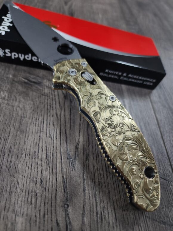 Spyderco Manix 2 Brass Relief Engraved Filigree Scroll - Polished Brass - EDC Scales - Knife Install Optional - Image 4