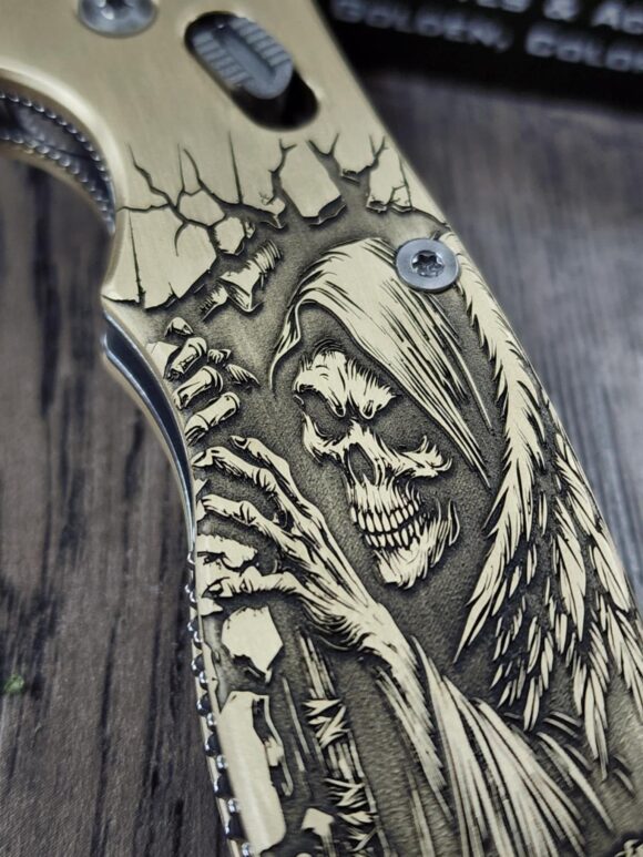 Spyderco Manix 2 Brass Relief Engraved Grim Reaper - Aged Brass - EDC Scales - Knife Install Optional - Image 3