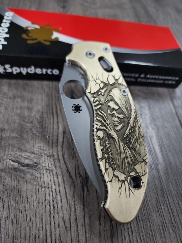 Spyderco Manix 2 Brass Relief Engraved Grim Reaper - Aged Brass - EDC Scales - Knife Install Optional