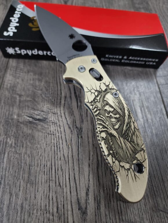 Spyderco Manix 2 Brass Relief Engraved Grim Reaper - Aged Brass - EDC Scales - Knife Install Optional - Image 4